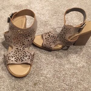 Taupe laser cut chunk heel sandal